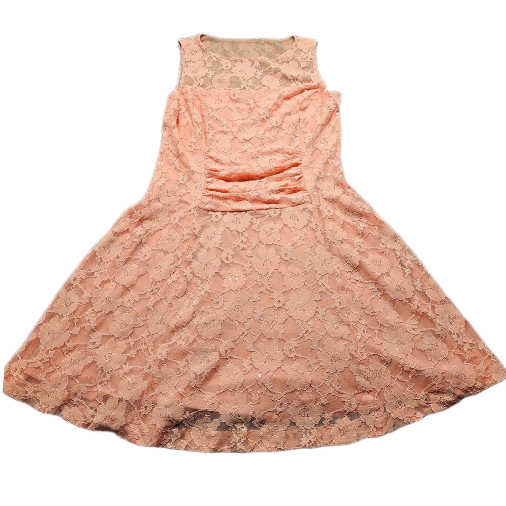 Lauren Ralph Lauren Fit & Flare Dress Womens 16 Peach Floral‎ Lace Side Zipper